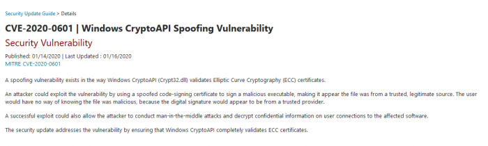 Windows CryptoAPI存在严重安全漏洞 微软推荐用户尽快升级