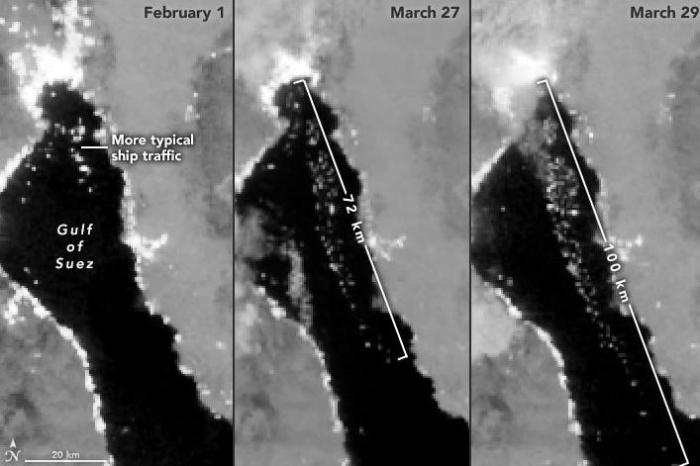 NASA公布卫星照片 苏伊士运河堵塞前后对比鲜明