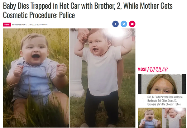 人间惨剧！美国女子为做医美将孩子留车里致其被热死
