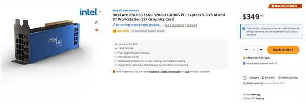 上市十天:Intel锐炫Pro B50火速登顶畅销榜首!16GB大显存2999元