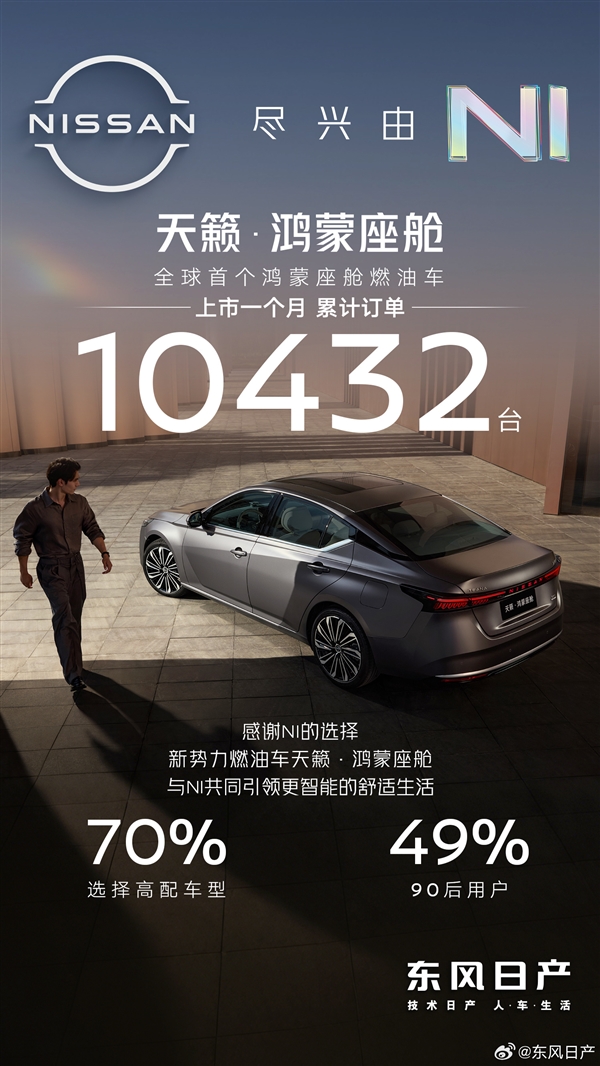 燃油车全球首搭鸿蒙座舱版 日产天籁上市30天订单过万