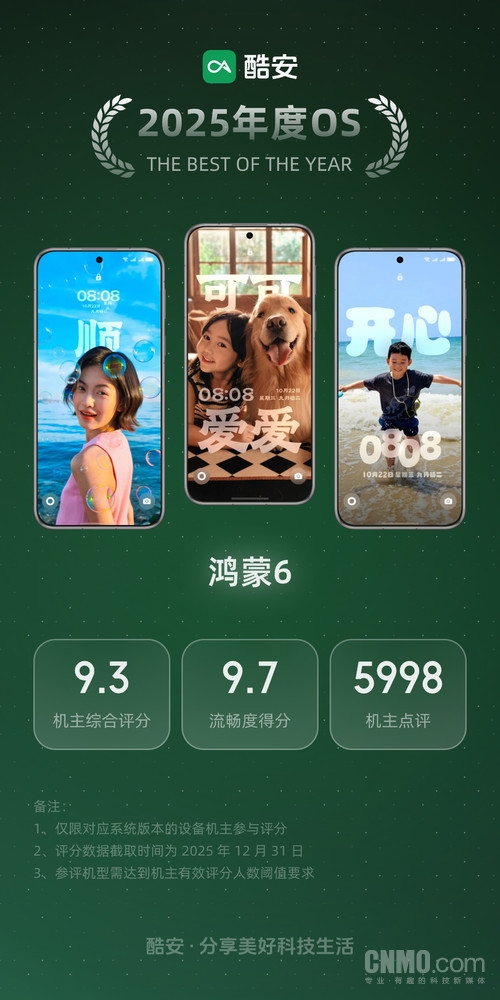 HarmonyOS 6获酷安2025年度OS！近六千人打出9.3高分