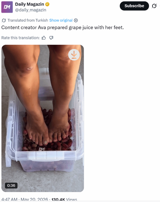 女网红赤脚踩葡萄榨汁 网友:昆汀嘻嘻 我不嘻嘻
