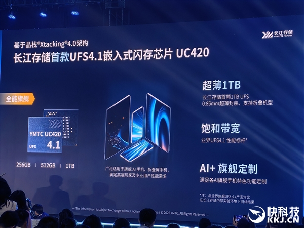 长江存储首款晶栈4.0 UFS 4.1芯片:0.85毫米超薄做到1TB