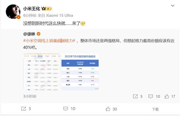 小米7月空调线上销量超越格力 王化:没想到新时代这么快就来了